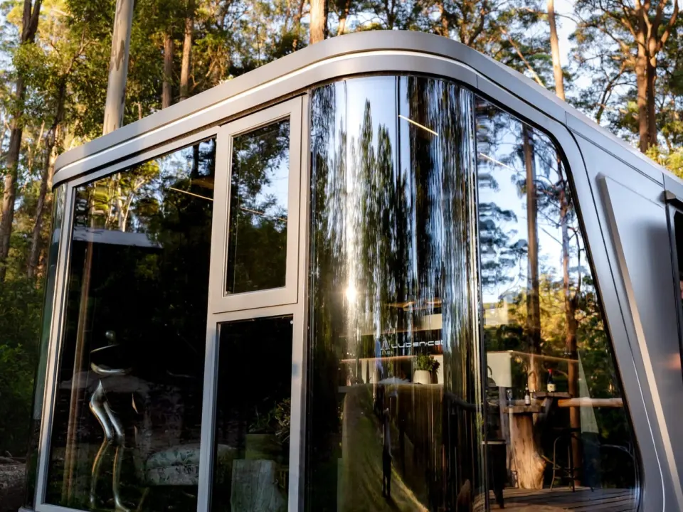 Aluxria capsule with curved glass end in a forest