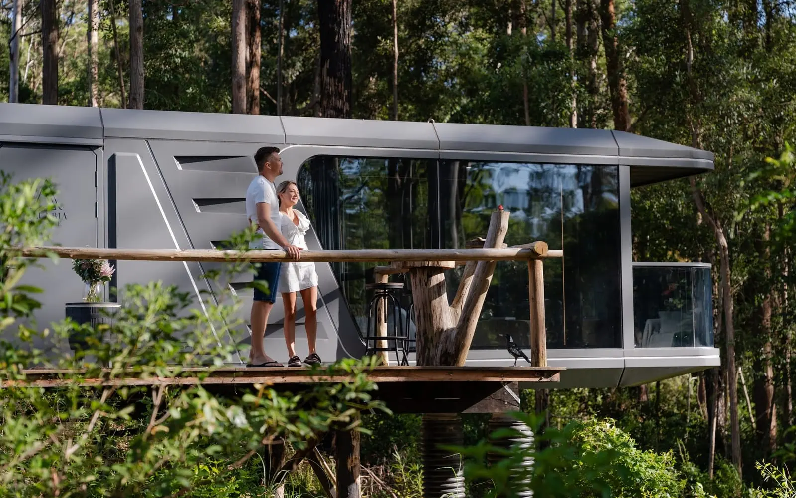 Aluxria capsule with raised timber deck among trees