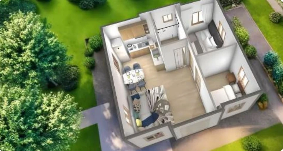 Cutaway render of an expandable house layout with living area and bedrooms