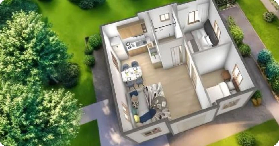 Cutaway render of an expandable house layout with living area and bedrooms