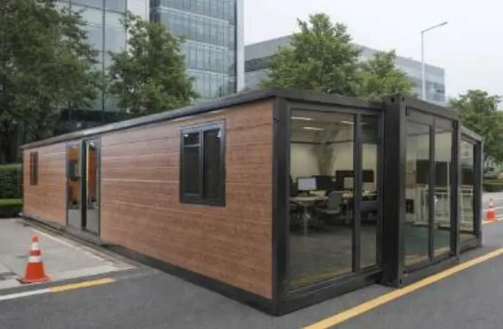 Timber look expandable portable office beside an office building