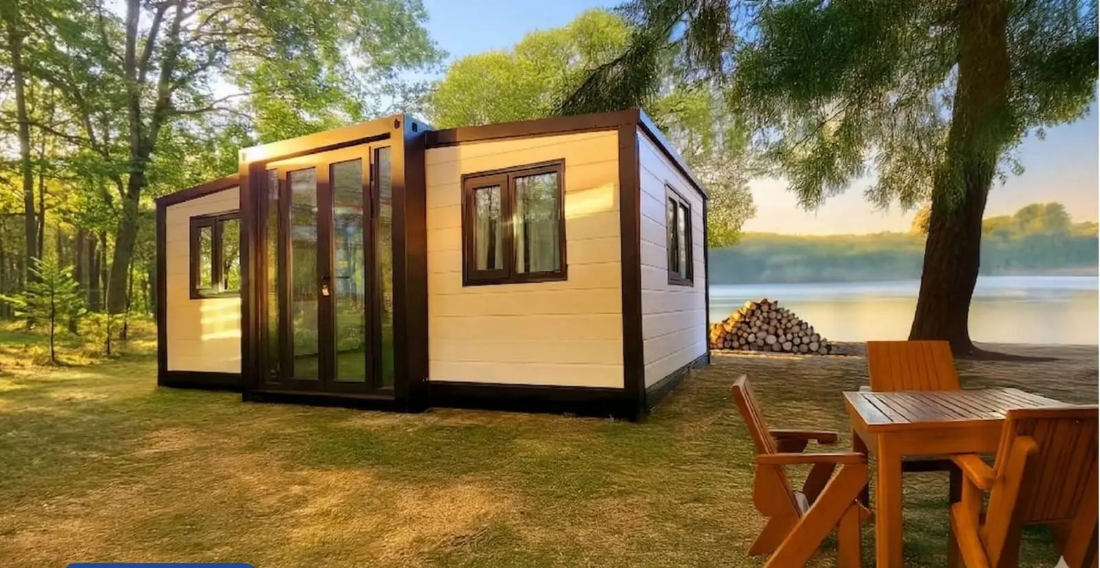 10ft expandable house by a lake with outdoor timber furniture