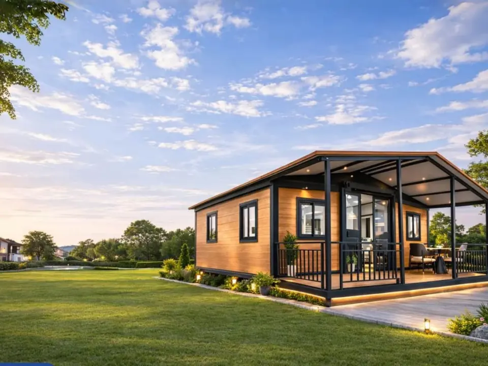 20ft expandable house with a covered porch in a landscaped garden at sunset