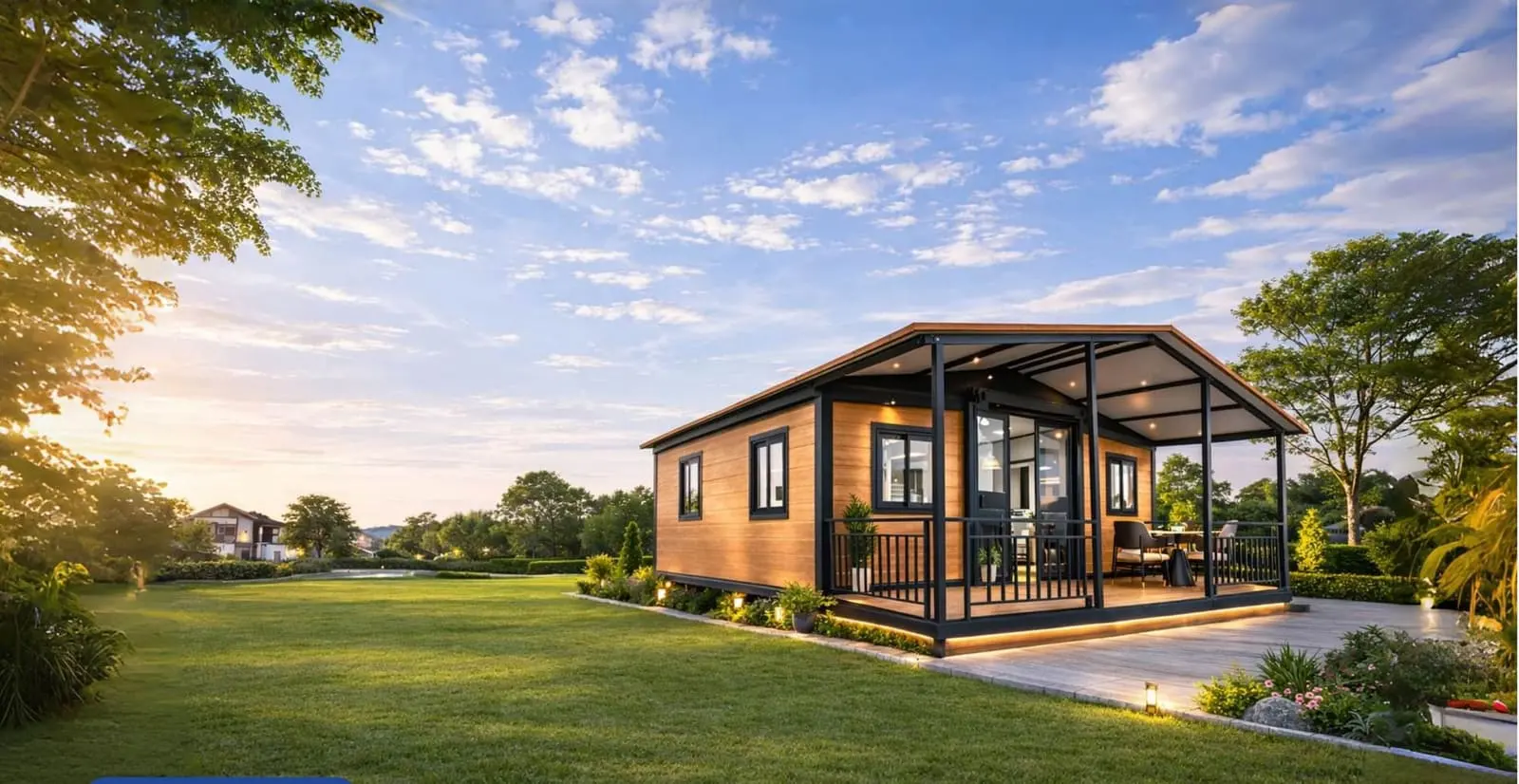 20ft expandable house with a covered porch in a landscaped garden at sunset