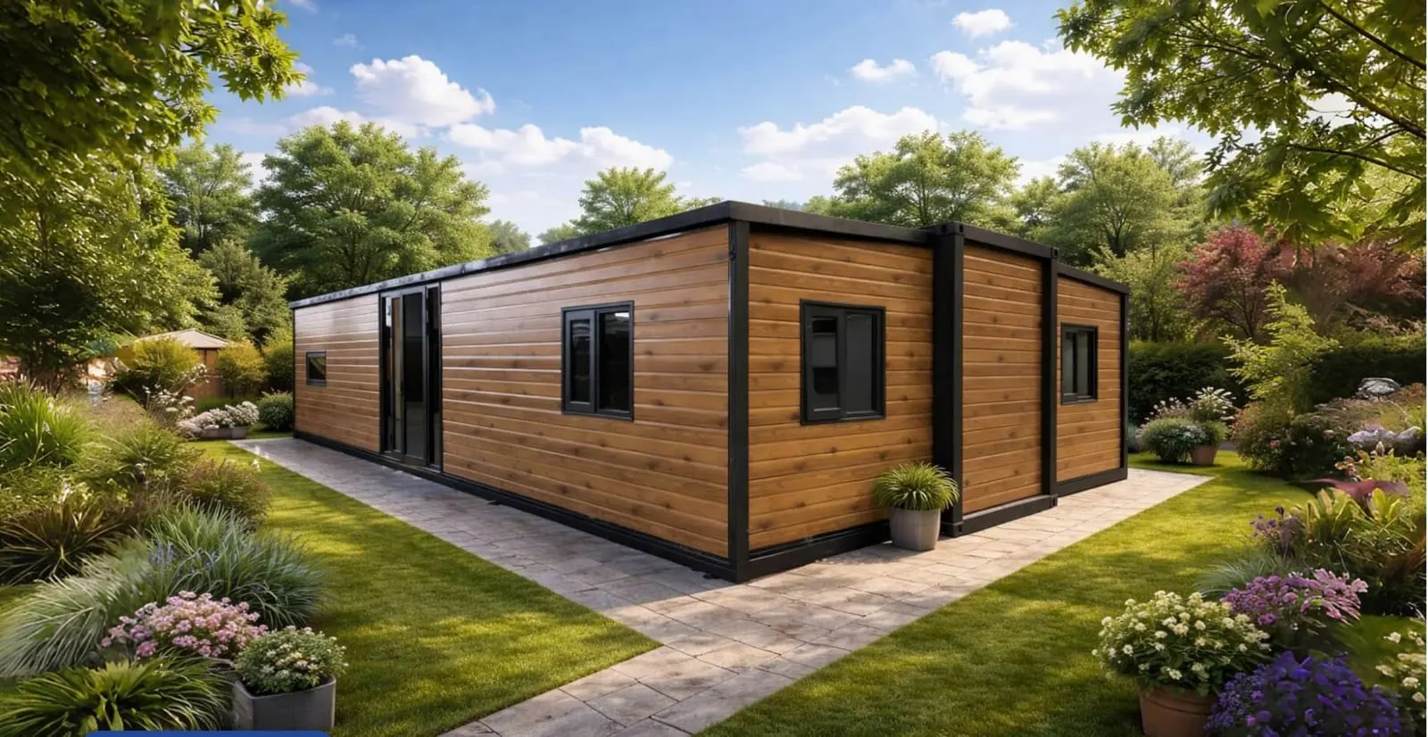 40ft timber look expandable house beside a garden path