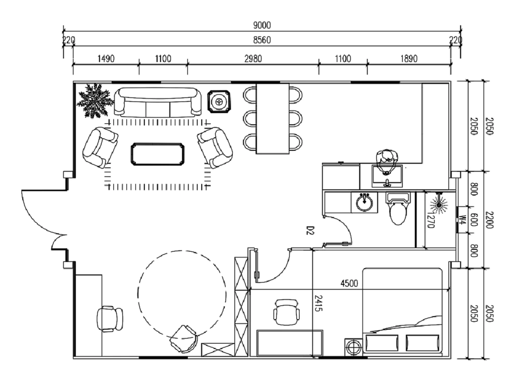 1 bedroom, living room, bathroom, open kitchen