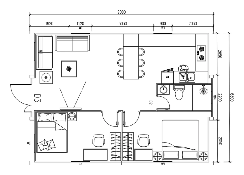 2 bedrooms, living room, bathroom, open kitchen