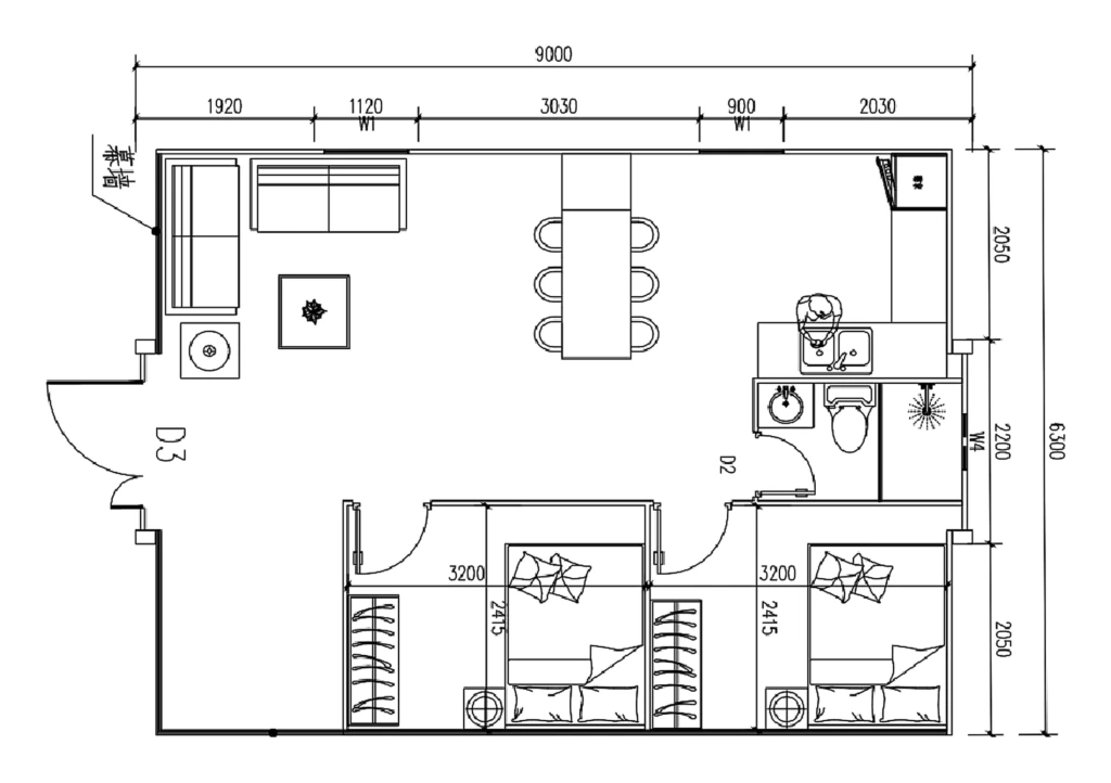 2 bedrooms, living room, bathroom, open kitchen (alternative)