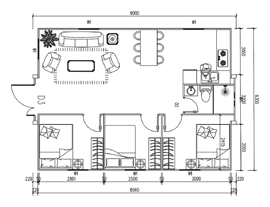 3 bedrooms, living room, bathroom, open kitchen