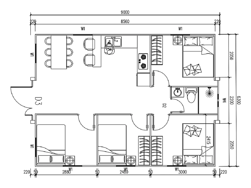 4 bedrooms, living room, bathroom, open kitchen