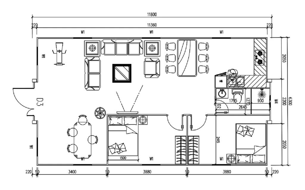2 bedrooms, living room, bathroom, open kitchen