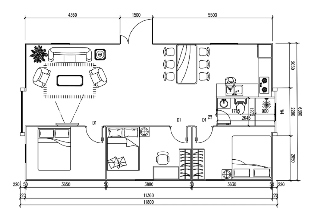 3 bedrooms, living room, bathroom, open kitchen