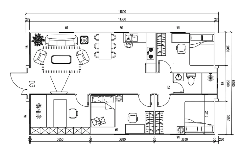 4 bedrooms, living room, bathroom, open kitchen