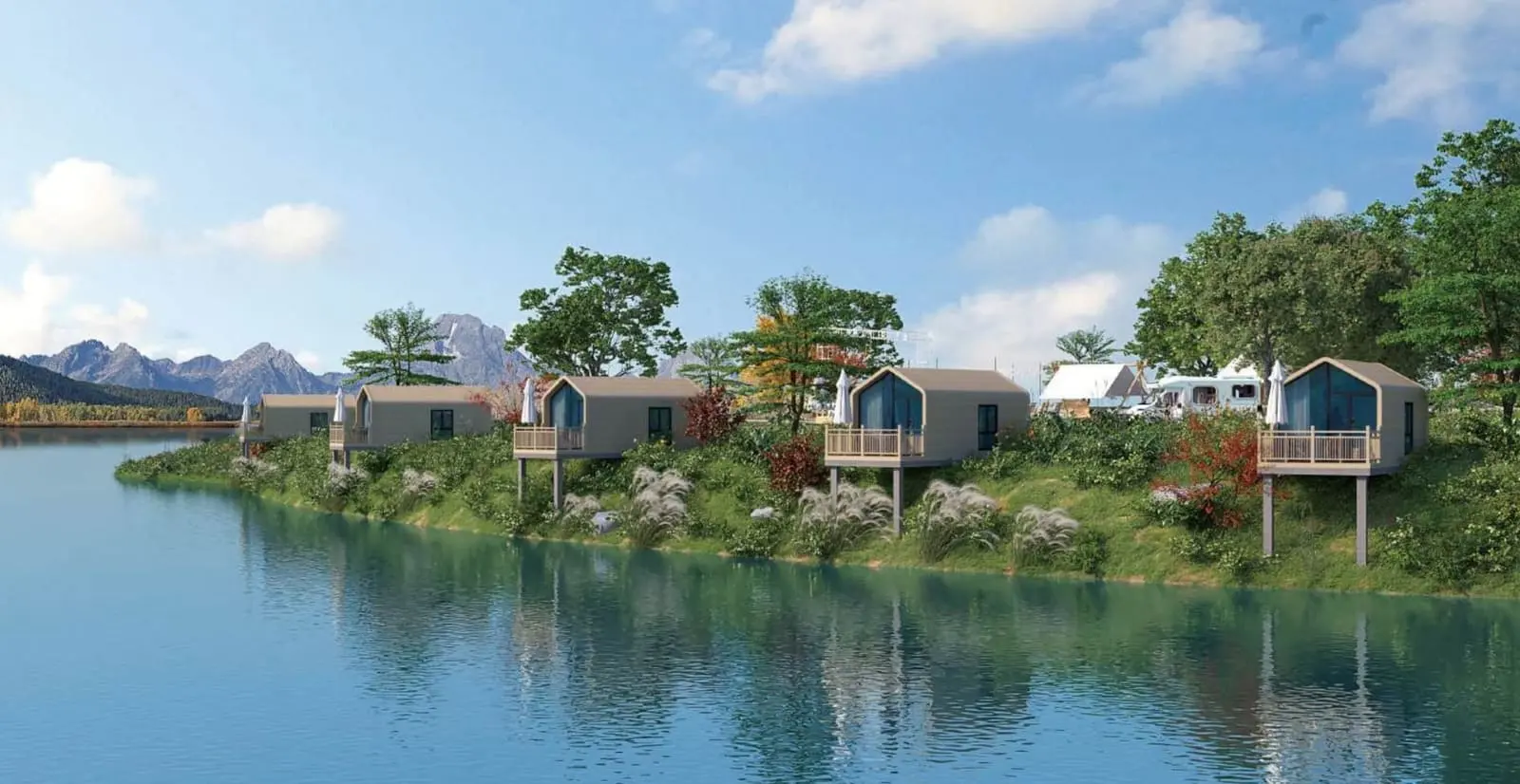 Natural House cabins on a lakeshore